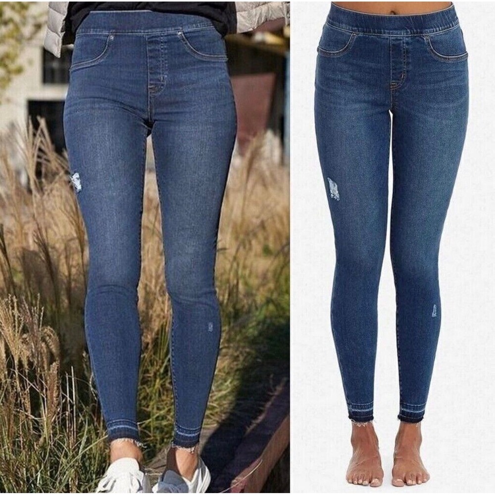 Spanx Distressed Ankle Skinny Jean-ish‎ Leggings Blue Denim 20203R Size L Large